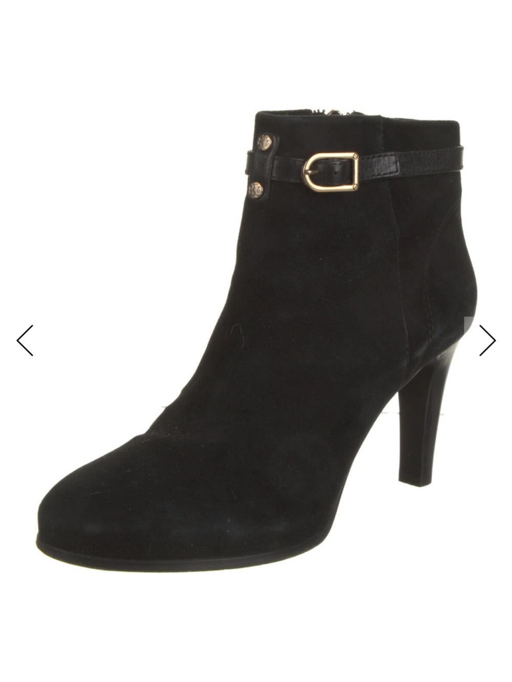 Tory Burch Black Suede Ankle Boot with Gold Buckle